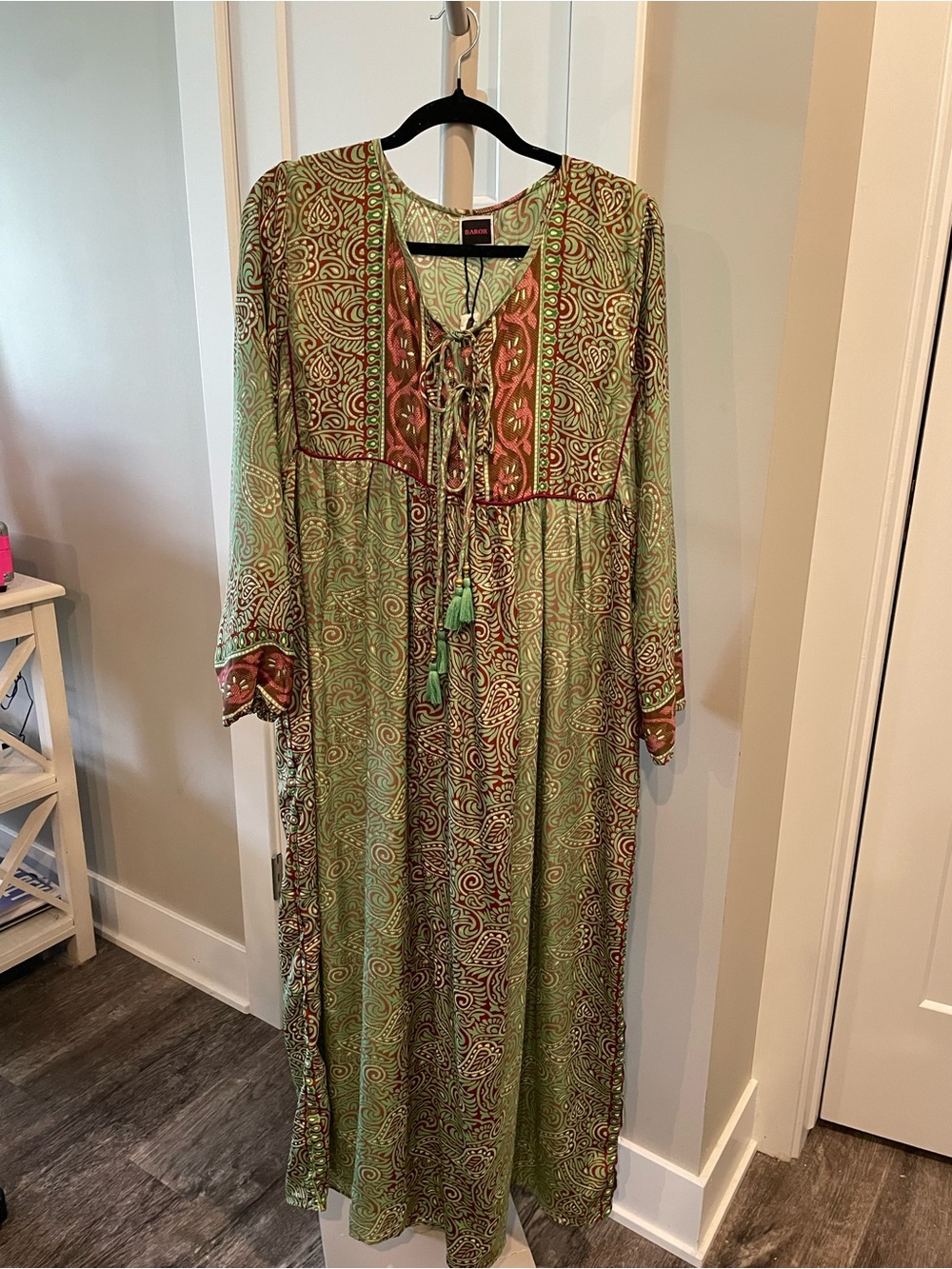 Boho Tie-Neck Maxi Dress in Light Green and Rust